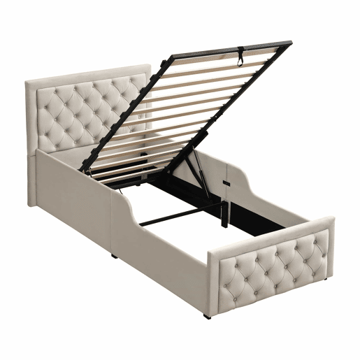 Cama individual infantil estofada 90x200 cm - cama hidráulica com base de colchão, cabeceira almofadada e amplo espaço de arrumação - bege