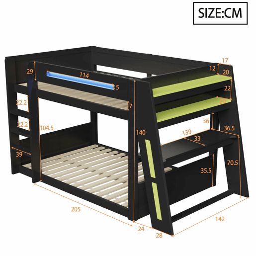 Beliche para jogos em madeira com secretária 140x200 cm - com secretária, 2 prateleiras, porta USB, iluminação LED - Preto