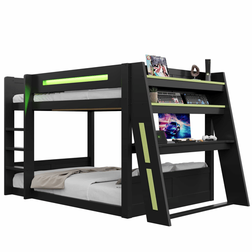 Beliche para jogos em madeira com secretária 140x200 cm - com secretária, 2 prateleiras, porta USB, iluminação LED - Preto