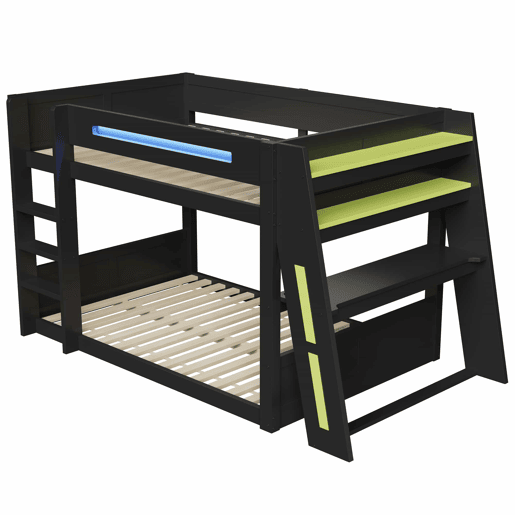 Beliche para jogos em madeira com secretária 140x200 cm - com secretária, 2 prateleiras, porta USB, iluminação LED - Preto