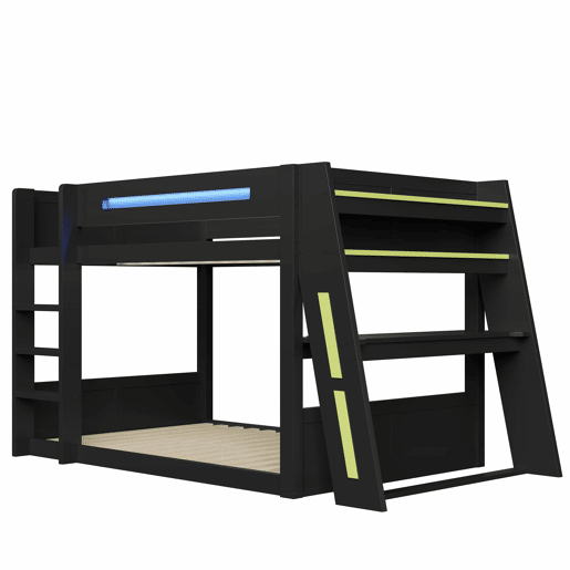Beliche para jogos em madeira com secretária 140x200 cm - com secretária, 2 prateleiras, porta USB, iluminação LED - Preto