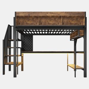 Cama alta 140x200 cm - secretária de canto, arrumação, painel perfurado, tomada USB-C e LED, EN747 (sem colchão) - Preto + Vintage