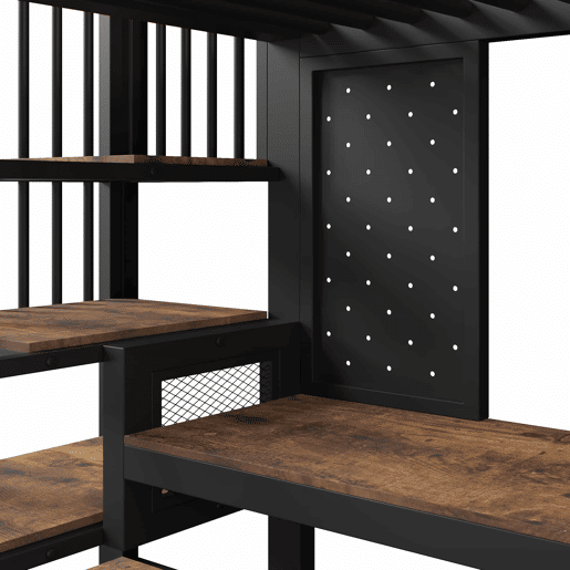 Cama alta 140x200 cm - secretária de canto, arrumação, painel perfurado, tomada USB-C e LED, EN747 (sem colchão) - Preto + Vintage
