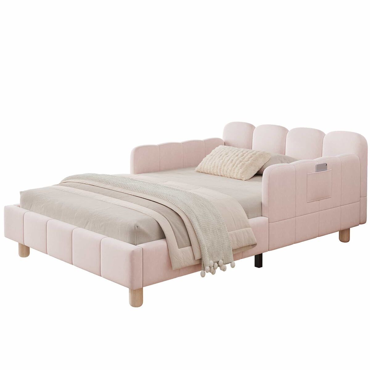 Cama individual tapizada 90x200 cm - cabecero acolchado, protección anticaídas, patas de madera maciza - rosa