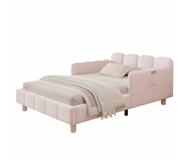 Cama individual tapizada 90x200 cm - cabecero acolchado, protección anticaídas, patas de madera maciza - rosa