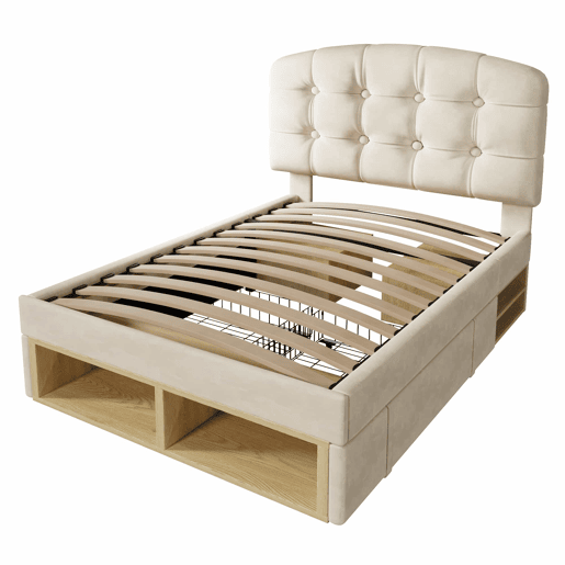 Cama individual 90x200 - estofada em veludo, cabeceira curva ajustável, com gavetas e espaço de arrumação - bege