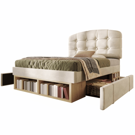 Cama individual 90x200 - estofada em veludo, cabeceira curva ajustável, com gavetas e espaço de arrumação - bege