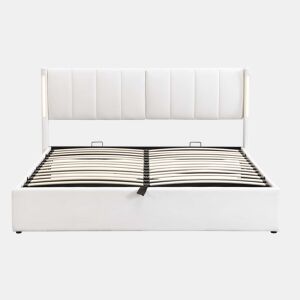 Cama estofada com LED binaural 180x200 cm - cama hidráulica com espaço de arrumação, cabeceira ajustável, porta USB recarregável - branco