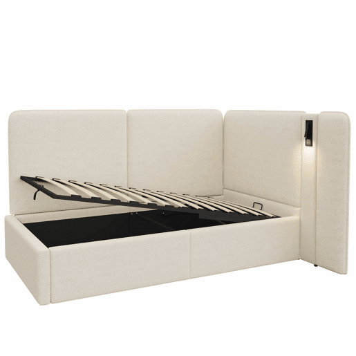 Cama de dia 90 x 200 cm - com arrumação hidráulica, estofada, sofá-cama com porta USB e candeeiro de leitura - bege