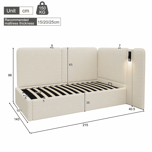 Cama de dia 90 x 200 cm - com arrumação hidráulica, estofada, sofá-cama com porta USB e candeeiro de leitura - bege