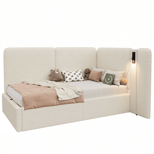 Cama de dia 90 x 200 cm - com arrumação hidráulica, estofada, sofá-cama com porta USB e candeeiro de leitura - bege