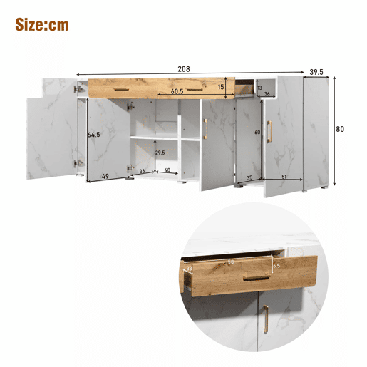 Aparador L 200 cm - 4 portas com 2 gavetas - Branco