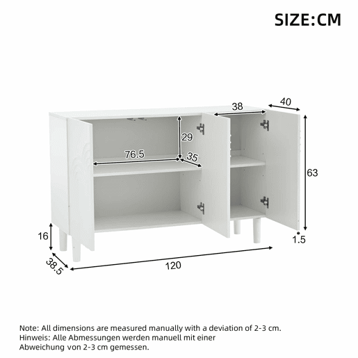 Aparador 120x38,5x79 cm - 3 portas, grande capacidade de armazenamento, com pés de 16 cm - Branco Aparador 120x38,5x79 cm - 3 portas, grande capacidade de armazenamento, com pés de 16 cm - Branco
