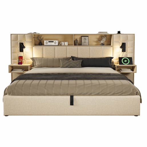 Cama estofada 160x200 cm - com espaço de arrumação, LED, 2 candeeiros de leitura, 2 mesas de cabeceira integradas, porta USB Type-C, tecido de linho, sistema de cama - bege Cama estofada 160x200 cm - com espaço de arrumação, LED, 2 candeeiros de leitura, 2 mesas de cabeceira integradas, porta USB Type-C, tecido de linho, sistema de cama - bege