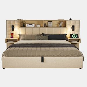 Cama estofada 160x200 cm - com espaço de arrumação, LED, 2 candeeiros de leitura, 2 mesas de cabeceira integradas, porta USB Type-C, tecido de linho, sistema de cama - bege