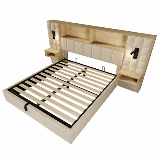 Cama estofada 160x200 cm - com espaço de arrumação, LED, 2 candeeiros de leitura, 2 mesas de cabeceira integradas, porta USB Type-C, tecido de linho, sistema de cama - bege Cama estofada 160x200 cm - com espaço de arrumação, LED, 2 candeeiros de leitura, 2 mesas de cabeceira integradas, porta USB Type-C, tecido de linho, sistema de cama - bege