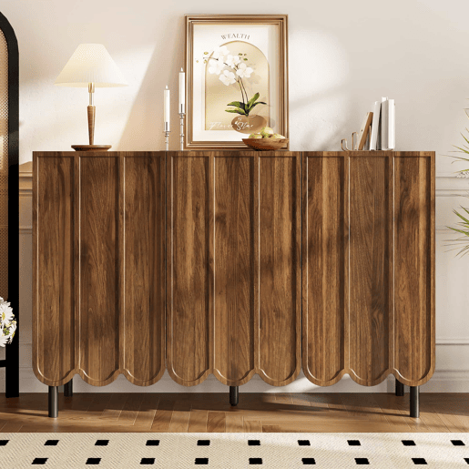 Aparador moderno de madeira 120x35x80 cm - Portas onduladas, prateleiras ajustáveis - Nogueira
