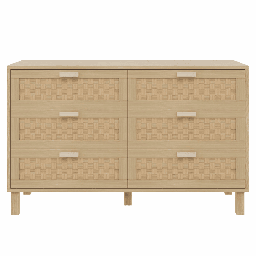 Aparador e cómoda em madeira natural com 6 gavetas - Estilo rattan - Natural