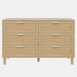 Aparador e cómoda em madeira natural com 6 gavetas - Estilo rattan - Natural