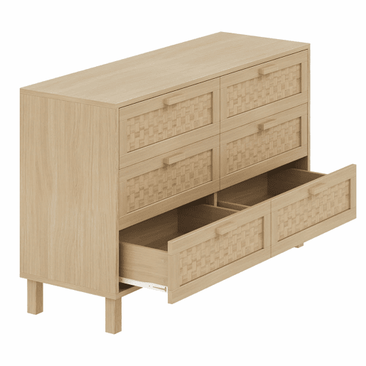 Aparador e cómoda em madeira natural com 6 gavetas - Estilo rattan - Natural