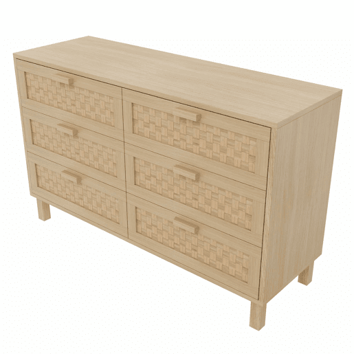 Aparador e cómoda em madeira natural com 6 gavetas - Estilo rattan - Natural