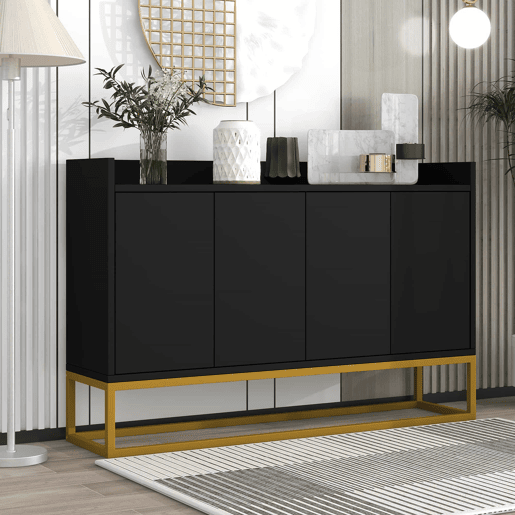Aparador com 4 portas sem puxadores - estilo contemporâneo - madeira + metal - preto