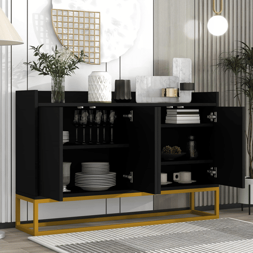 Aparador com 4 portas sem puxadores - estilo contemporâneo - madeira + metal - preto