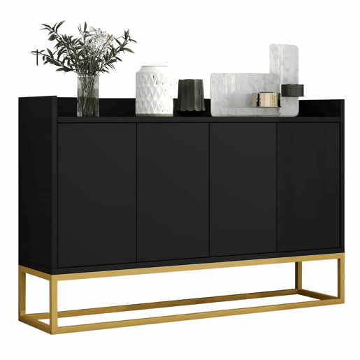 Aparador com 4 portas sem puxadores - estilo contemporâneo - madeira + metal - preto
