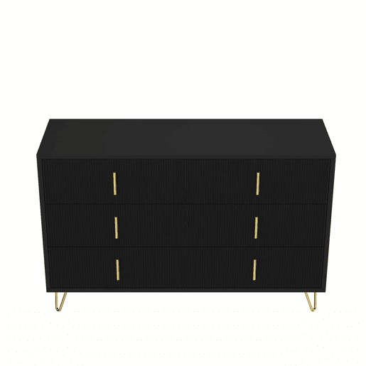 Aparador 120x40x77 cm - com 6 gavetas - puxadores dourados - Preto