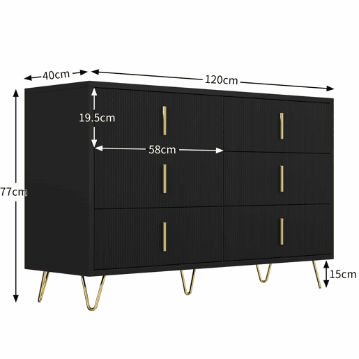 Aparador 120x40x77 cm - com 6 gavetas - puxadores dourados - Preto