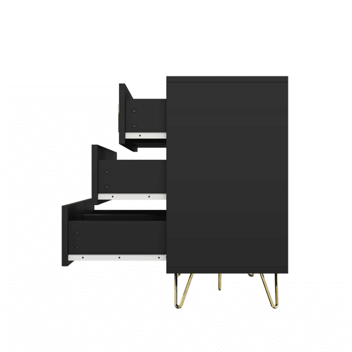 Aparador 120x40x77 cm - com 6 gavetas - puxadores dourados - Preto