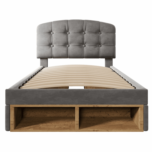 Cama individual 90x200 - estofada em veludo, cabeceira ajustável, com gavetas e espaço de arrumação - cinzenta