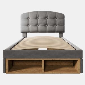 Cama individual 90x200 - estofada em veludo, cabeceira ajustável, com gavetas e espaço de arrumação - cinzenta