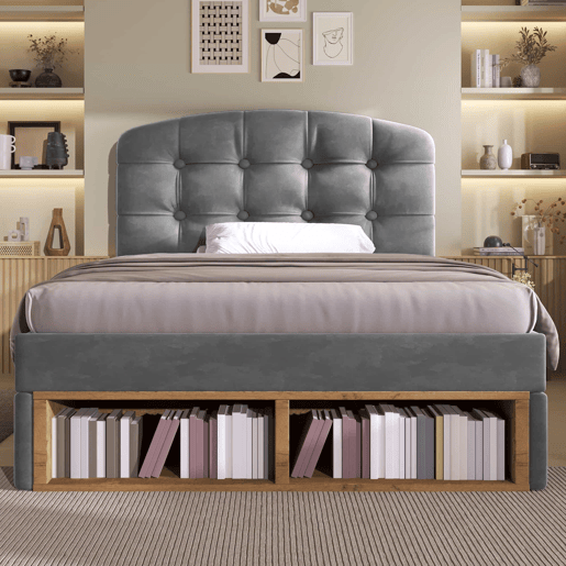 Cama individual 90x200 - estofada em veludo, cabeceira ajustável, com gavetas e espaço de arrumação - cinzenta