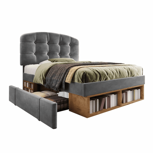 Cama individual 90x200 - estofada em veludo, cabeceira ajustável, com gavetas e espaço de arrumação - cinzenta