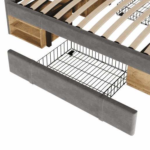 Cama individual 90x200 - estofada em veludo, cabeceira ajustável, com gavetas e espaço de arrumação - cinzenta
