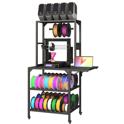 Suporte para impressora 3D - robusto com compartimento para filamento, suporte para bobinas em T com rodas, mesa de trabalho para estúdio e oficina - preto