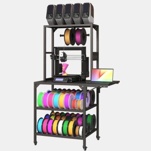 Suporte para impressora 3D - robusto com compartimento para filamento, suporte para bobinas em T com rodas, mesa de trabalho para estúdio e oficina - preto