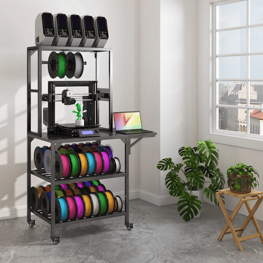 Suporte para impressora 3D - robusto com compartimento para filamento, suporte para bobinas em T com rodas, mesa de trabalho para estúdio e oficina - preto
