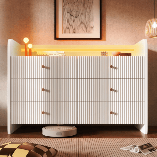 Aparador 120x40x75 cm - Com LED e 6 gavetas - Design ondulado - Branco
