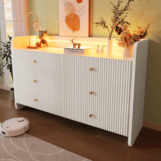 Aparador 120x40x75 cm - Com LED e 6 gavetas - Design ondulado - Branco