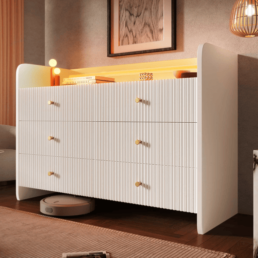 Aparador 120x40x75 cm - Com LED e 6 gavetas - Design ondulado - Branco