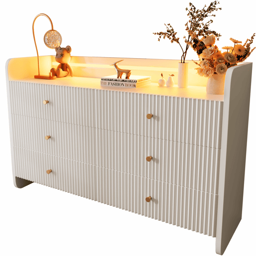 Aparador 120x40x75 cm - Com LED e 6 gavetas - Design ondulado - Branco