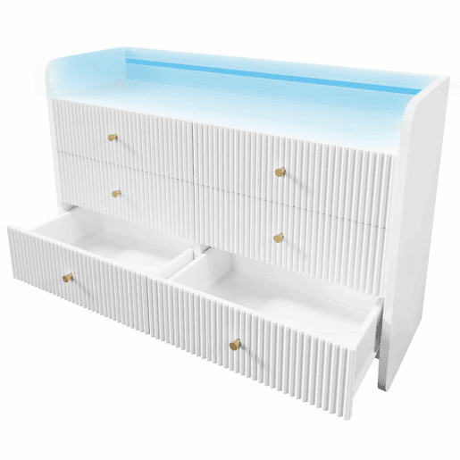 Aparador 120x40x75 cm - Com LED e 6 gavetas - Design ondulado - Branco