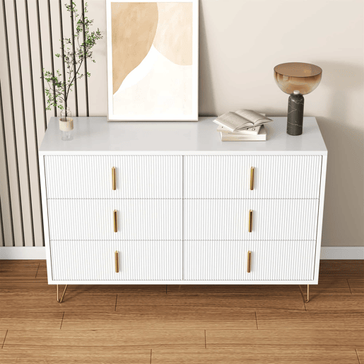 Aparador 120x40x77 cm - com 6 gavetas - puxadores dourados - Branco