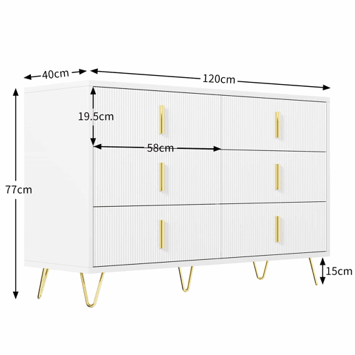 Aparador 120x40x77 cm - com 6 gavetas - puxadores dourados - Branco