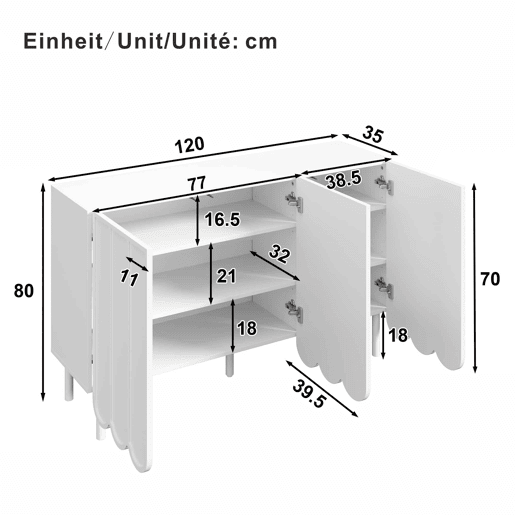 Aparador moderno 120x35x80 cm - Portas onduladas, prateleiras ajustáveis - Branco
