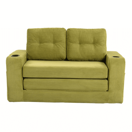 Sofá pufe de 2 lugares - conversível, sem estrutura, com porta-copos e bolsos laterais, almofadas acolchoadas com encosto - verde-oliva
