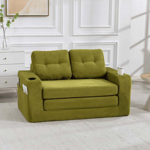 Sofá pufe de 2 lugares - conversível, sem estrutura, com porta-copos e bolsos laterais, almofadas acolchoadas com encosto - verde-oliva