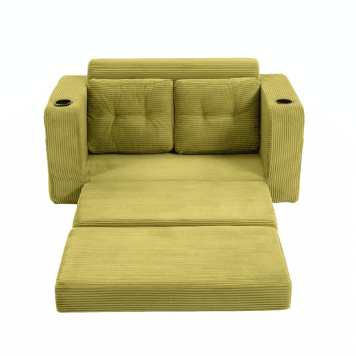 Sofá pufe de 2 lugares - conversível, sem estrutura, com porta-copos e bolsos laterais, almofadas acolchoadas com encosto - verde-oliva